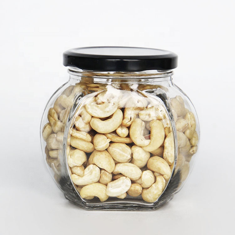 Clear 375ml Hexagon Pumpkin Shape Glass Food Jar With Metal Lug Cap For Jam Honey Storage