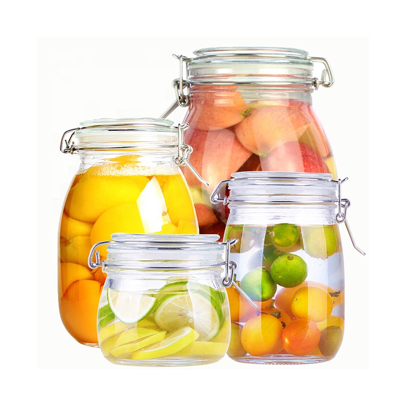 Clear 500ml 750ml 1000ml 1500ml 2000ml airtight glass food storage jar with metal clip and lid
