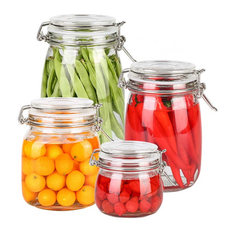Clear 500ml 750ml 1000ml 1500ml 2000ml airtight glass food storage jar with metal clip and lid