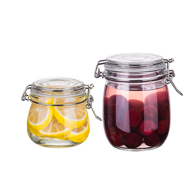 Clear 500ml 750ml 1000ml 1500ml 2000ml airtight glass food storage jar with metal clip and lid