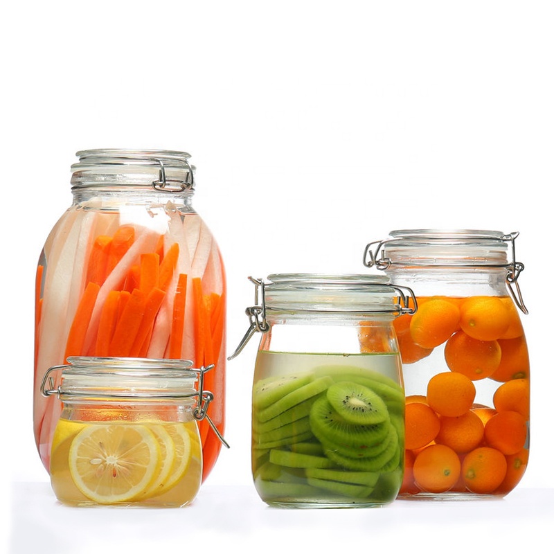 Clear 500ml 750ml 1000ml 1500ml 2000ml airtight glass food storage jar with metal clip and lid