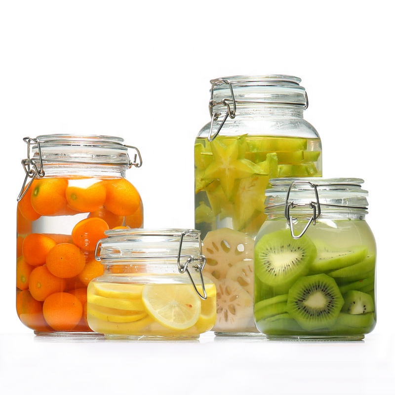 Clear 500ml 750ml 1000ml 1500ml 2000ml airtight glass food storage jar with metal clip and lid