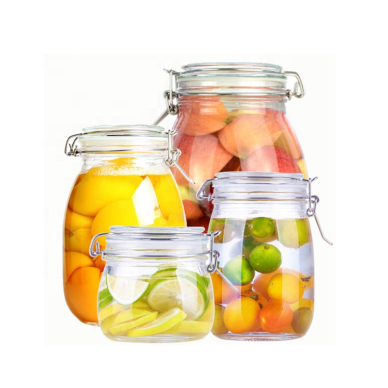 Clear 500ml 750ml 1000ml 1500ml 2000ml airtight glass food storage jar with metal clip and lid