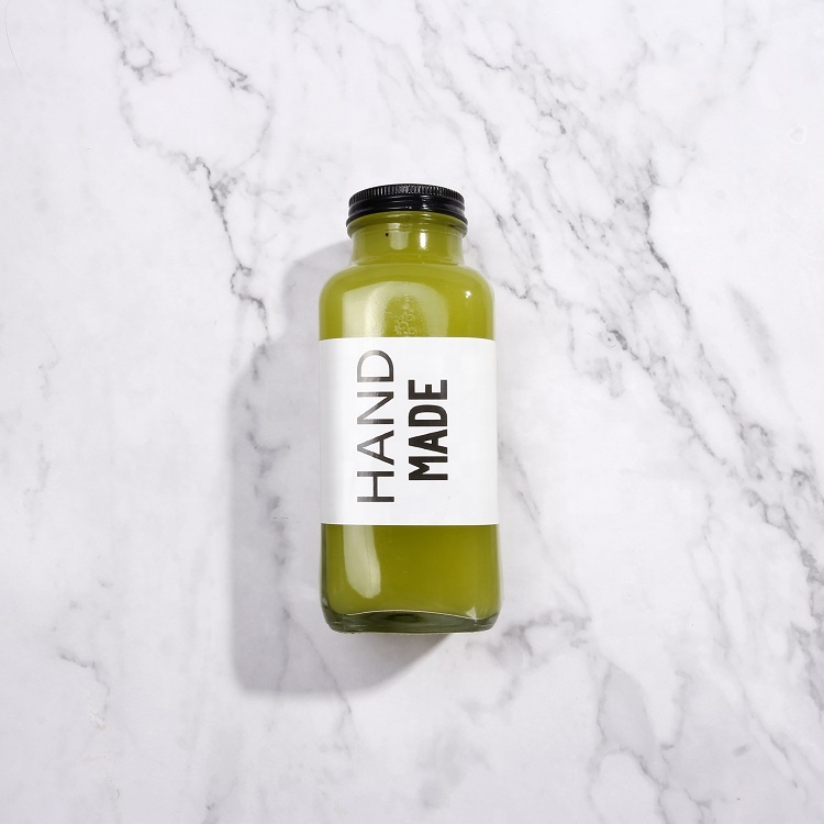 Clear 8oz 12oz 16oz French Square Glass Bottle For Organic Fresh Juice With Screw Cap
