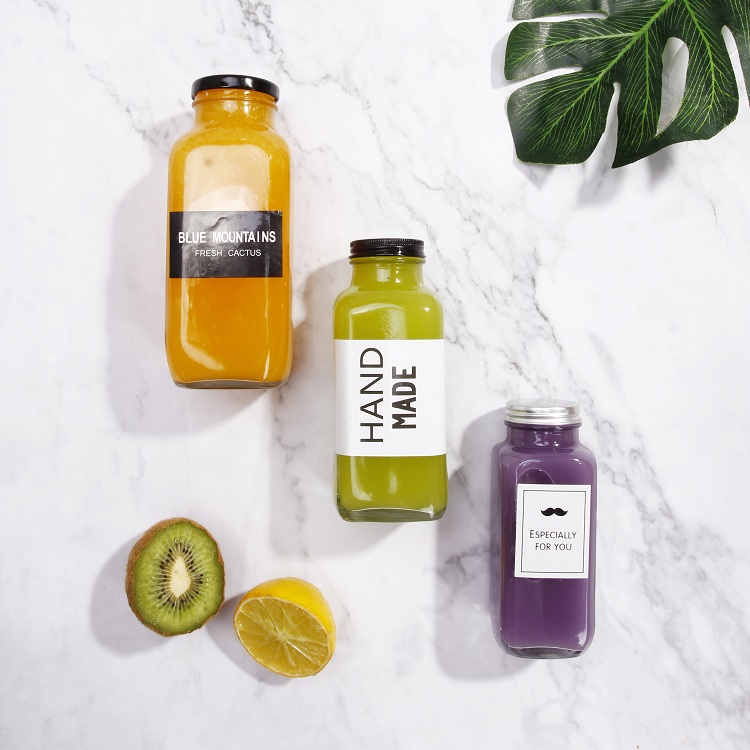Clear 8oz 12oz 16oz French Square Glass Bottle For Organic Fresh Juice With Screw Cap