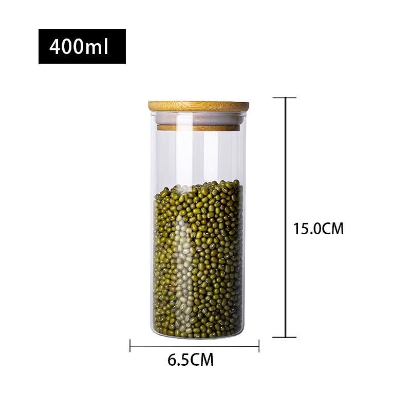 Clear Borosilicate Bamboo Lid Airtight Food Grade Cylinder Dessert Kitchen Glass Jars Storage