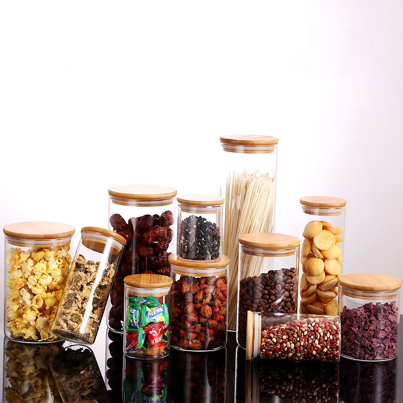 Clear Borosilicate Bamboo Lid Food Grade Kitchen Cylinder Wooden Lid Airtight Food Storage Glass Jar
