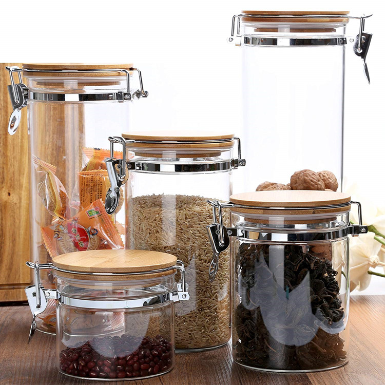 Clear Borosilicate Glass Food Storage Jar Canister Container with Airtight Locking Clamp Bamboo Lid BJ-CC25