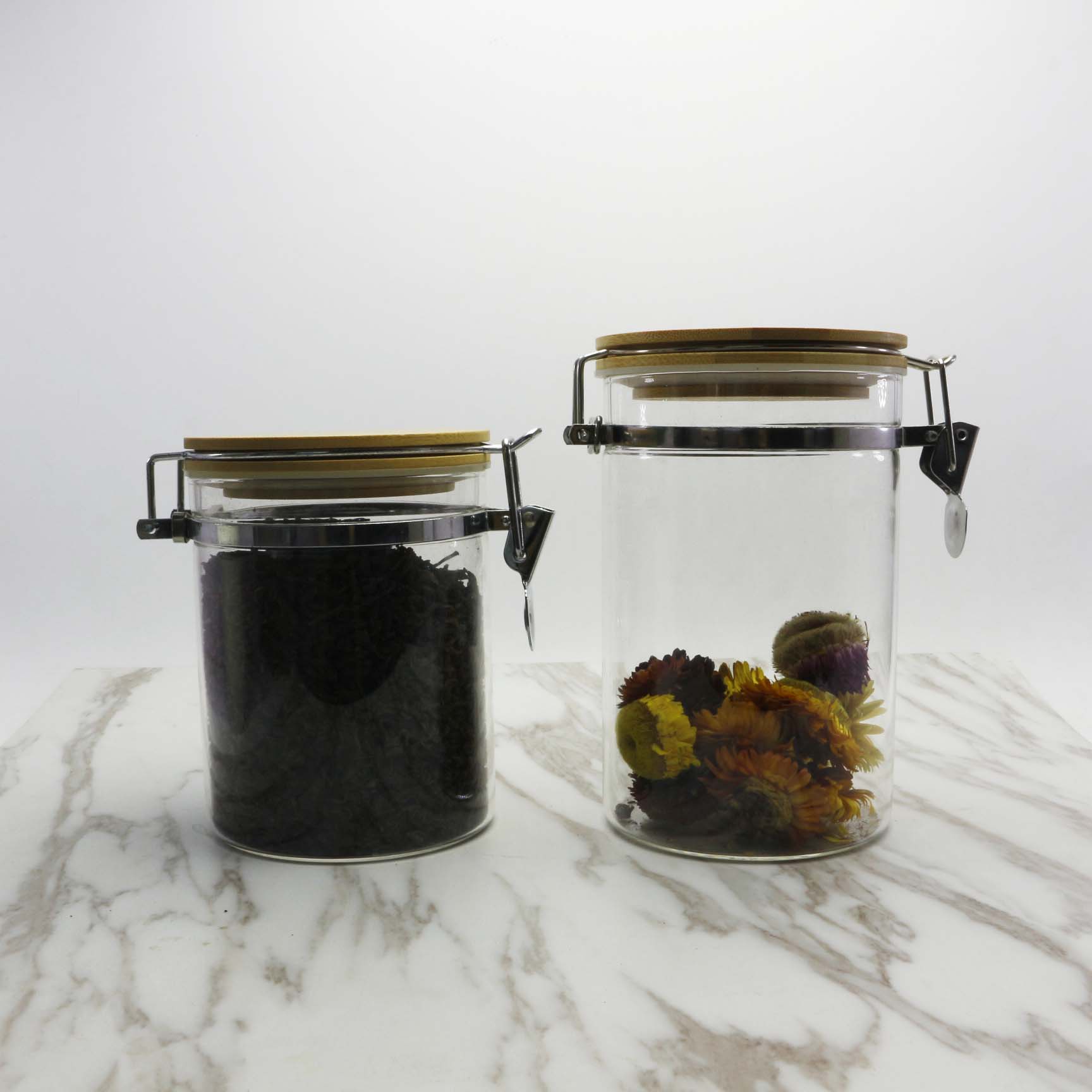 Clear Borosilicate Glass Food Storage Jar Canister Container with Airtight Locking Clamp Bamboo Lid BJ-CC25