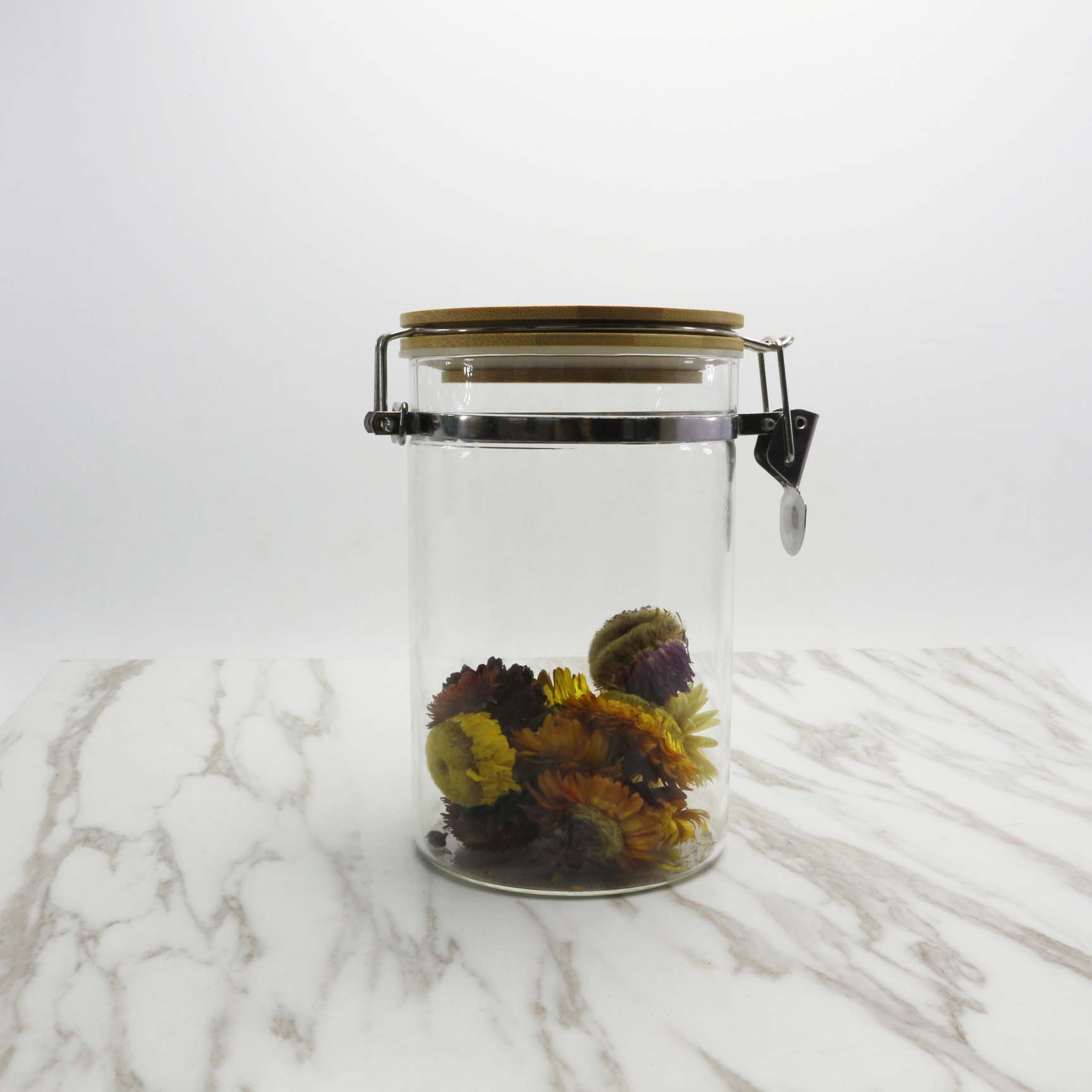Clear Borosilicate Glass Food Storage Jar Canister Container with Airtight Locking Clamp Bamboo Lid BJ-CC25