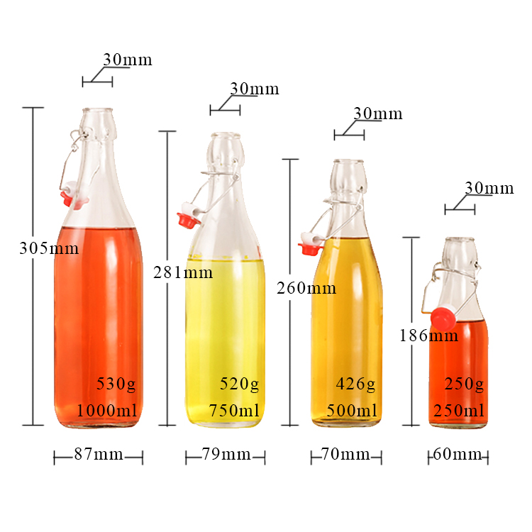 Clear Color Glass Material Round Shape Empty Glass Swing Top Bottles With Stoppers For Beverage