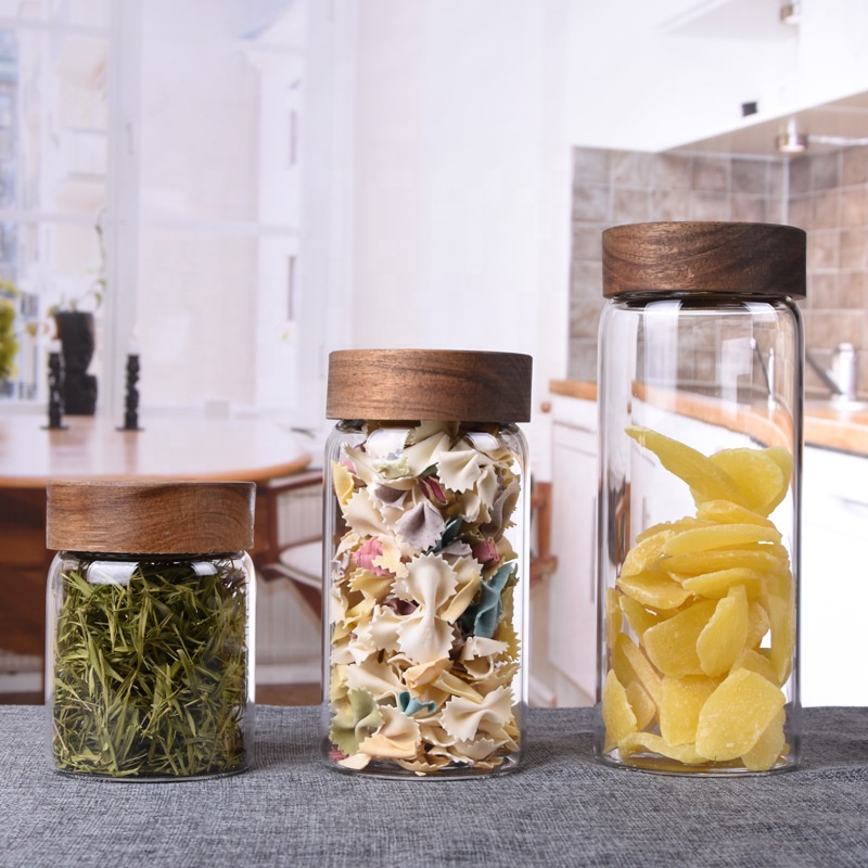 Clear Custom Food Grade Storage Airtight Wood Lid Coffee Cookies Jam Mason Glass Jar With Acacia Lid