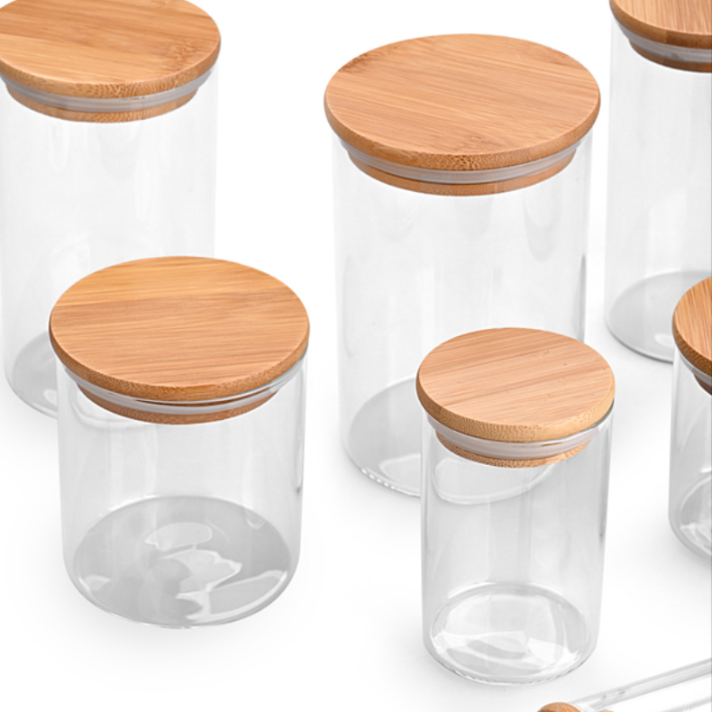 Clear Empty Coffee Food Grade Storage Big Container In Bulk Glass Bamboo Spice Jar Borosilicate