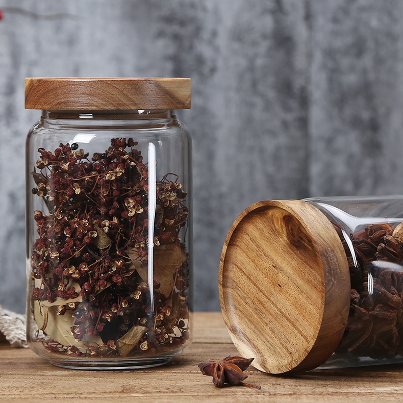 Clear Empty Custom Food Grade Storage Airtight Wood Lid 1000ml Coffee Cookies Jam Mason Acacia Glass Jar
