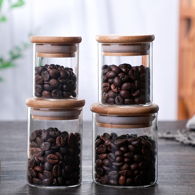 Clear Empty Food Coffee Spice Storage Borosilicate Big Container Bamboo Lid Glass Biscuit Jar
