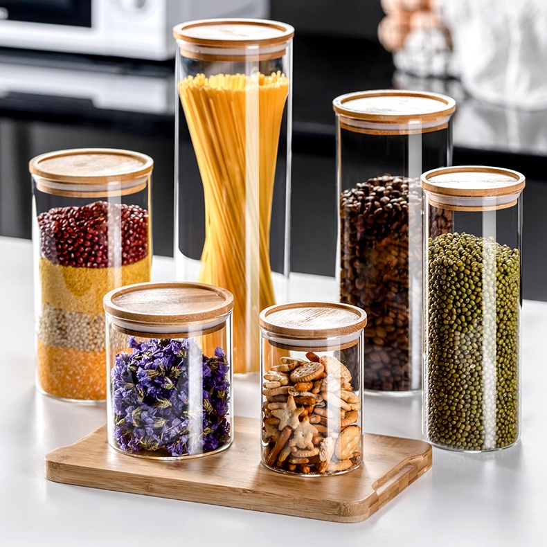 Clear Empty Food Grade Storage Big Container In Bulk Bamboo Spice Coffee Jar Glass Borosilicate