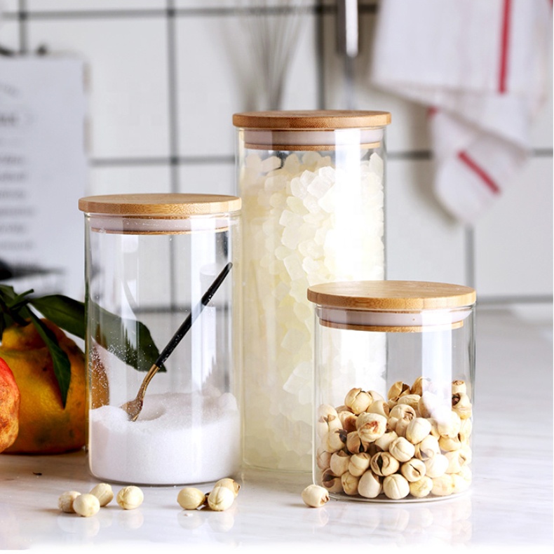 Clear Empty Food Grade Storage Big Container In Bulk Bamboo Spice Coffee Jar Glass Borosilicate