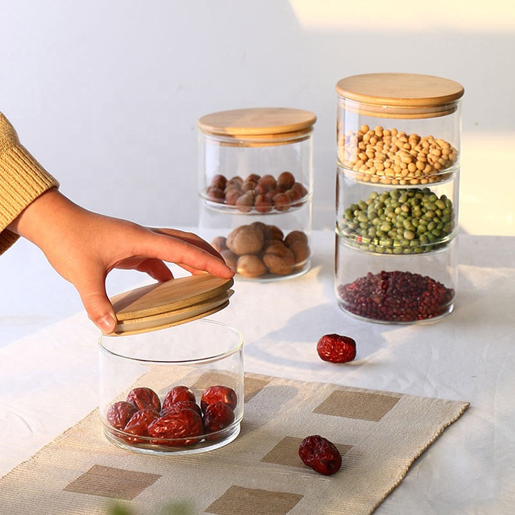Clear Food Grade Coffee Jam Kitchen Airtight Glass Jars Bamboo Lid Container Candy Stackable Storage Jar