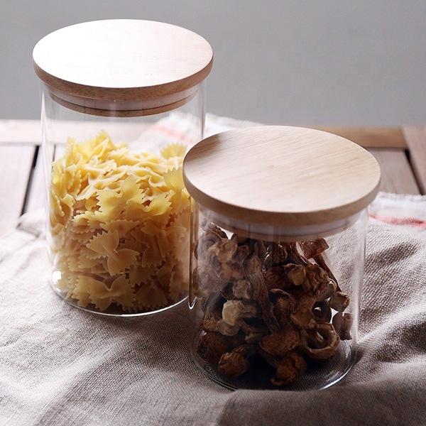Clear Food Grade Jam Bottle Kitchen Cylinder Bamboo Lid High Borosilicate Glass Storage Jar