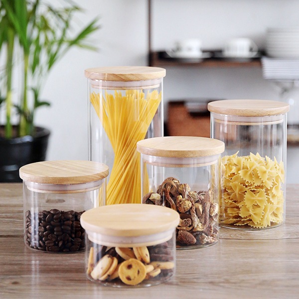 Clear Food Grade Jam Bottle Kitchen Cylinder Bamboo Lid High Borosilicate Glass Storage Jar