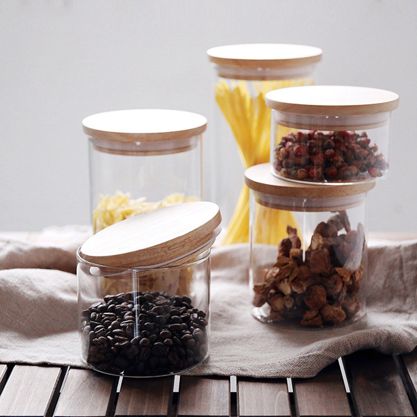 Clear Food Grade Jam Bottle Kitchen Cylinder Bamboo Lid High Borosilicate Glass Storage Jar