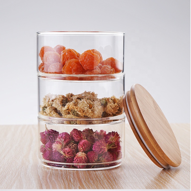Clear Food Grade Kitchen Modern Jam Spice Stash Bamboo Lid Glass Stackable Storage Jar