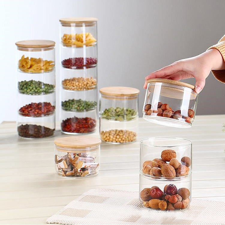 Clear Food Grade Kitchen Modern Jam Spice Stash Bamboo Lid Glass Stackable Storage Jar
