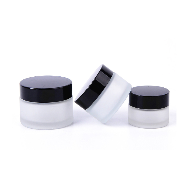 Clear Frosted 50ml 100ml Glass Bottles and 30g 50g Glass Jars with black Lid