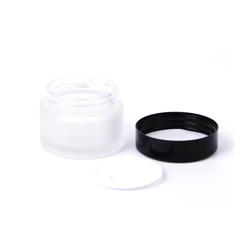 Clear Frosted 50ml 100ml Glass Bottles and 30g 50g Glass Jars with black Lid