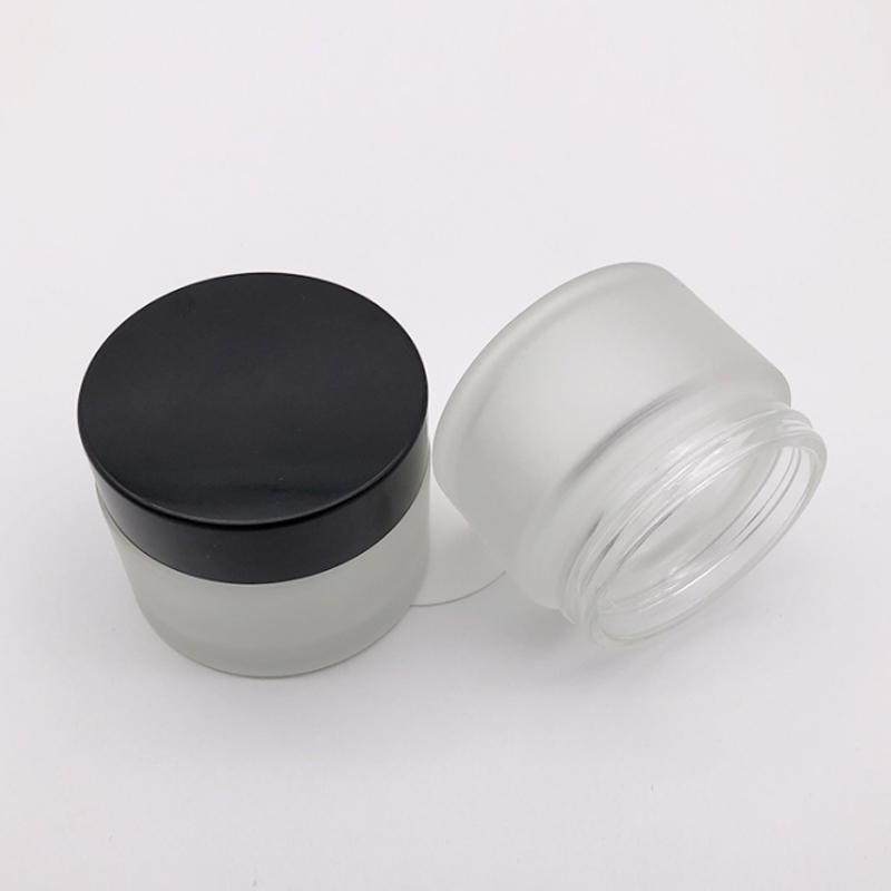 Clear Frosted 50ml 100ml Glass Bottles and 30g 50g Glass Jars with black Lid