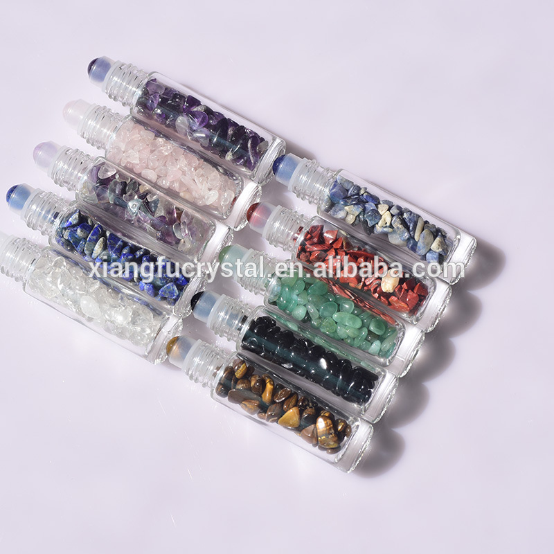 Clear Glass Assorted Natural Crystals Quartz Gemstone Roller Bottles For Essential Oil