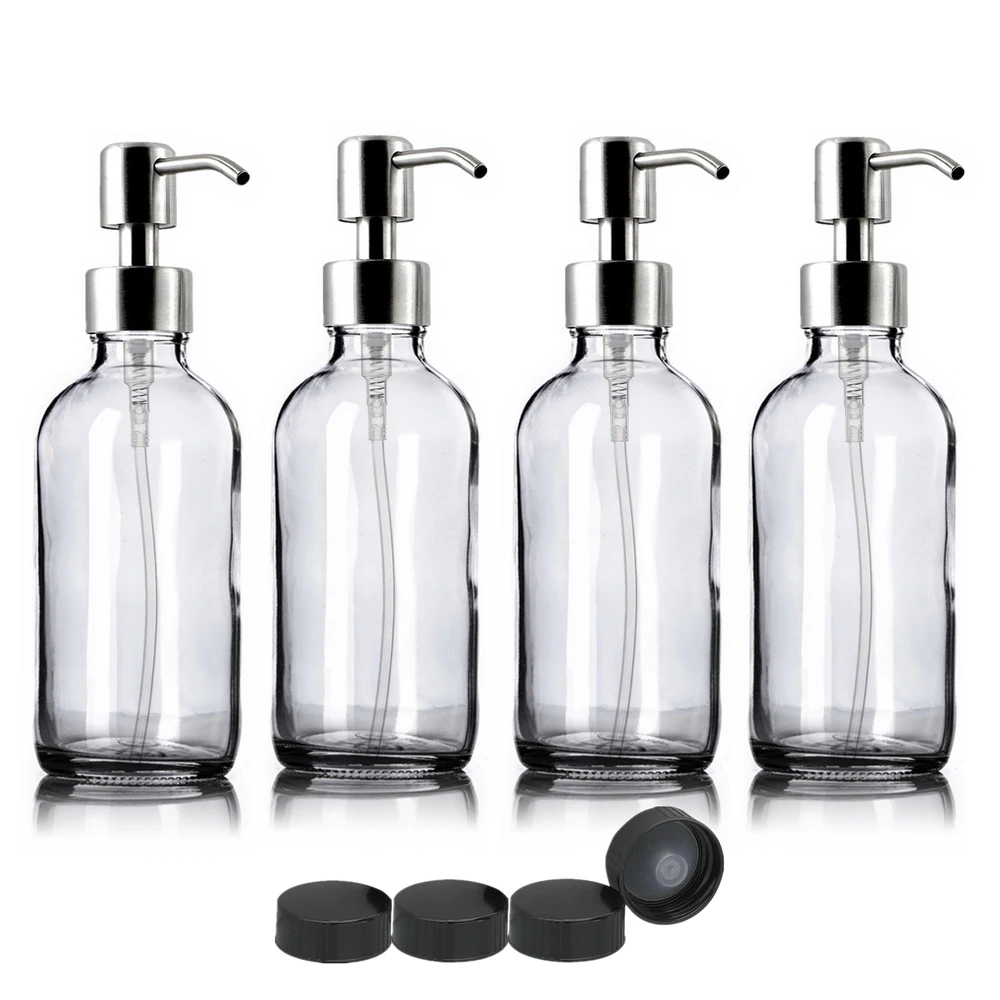 Clear Glass Boston Round Bottles w/Stainless Steel Pumps