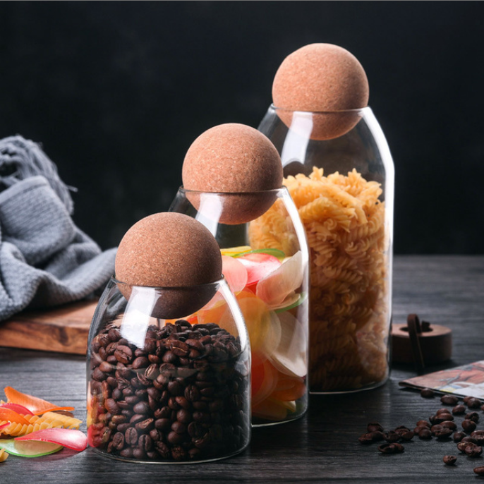 Clear Glass Bottles with Ball Cork 17/27/40 oz Glass Food Storage Bottle for Coffee, Candy