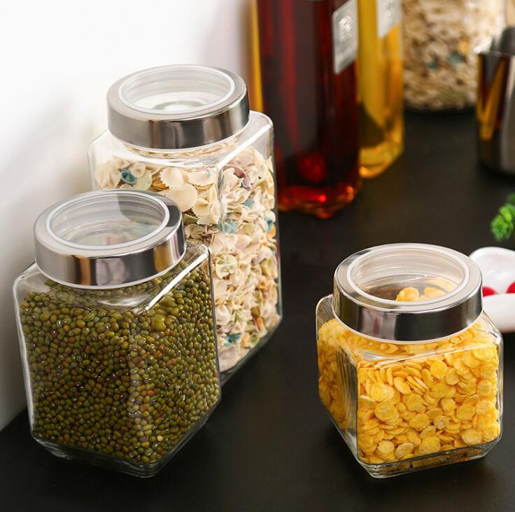 Clear Glass Jar Stainless Steel Lid Square Glass Container Screw Top For Food Grains Candy Storage Canister
