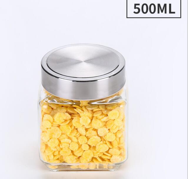 Clear Glass Jar Stainless Steel Lid Square Glass Container Screw Top For Food Grains Candy Storage Canister