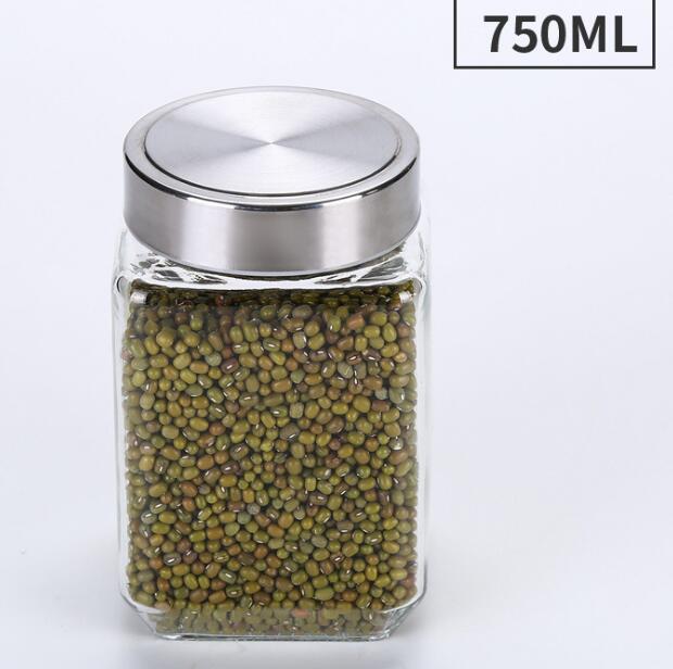 Clear Glass Jar Stainless Steel Lid Square Glass Container Screw Top For Food Grains Candy Storage Canister