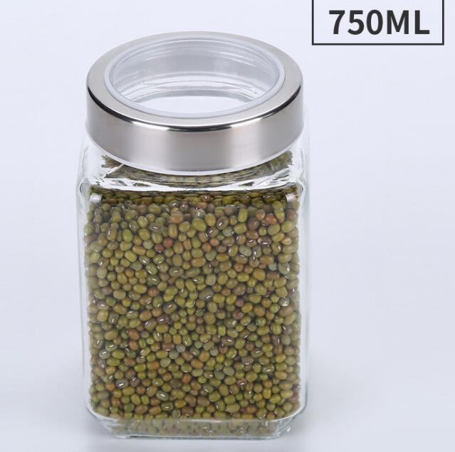 Clear Glass Jar Stainless Steel Lid Square Glass Container Screw Top For Food Grains Candy Storage Canister