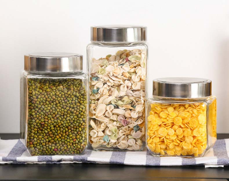 Clear Glass Jar Stainless Steel Lid Square Glass Container Screw Top For Food Grains Candy Storage Canister