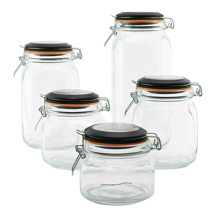 Clear Glass Kitchen Canisters and Canning Jars with Airtight Bail & Trigger Hermetic Seal Black Lids