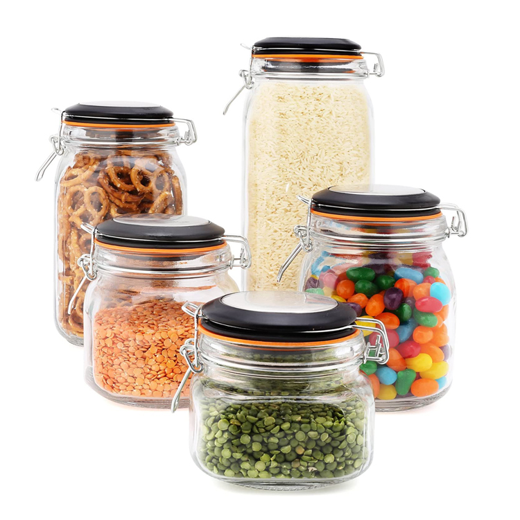 Clear Glass Kitchen Canisters and Canning Jars with Airtight Bail & Trigger Hermetic Seal Black Lids