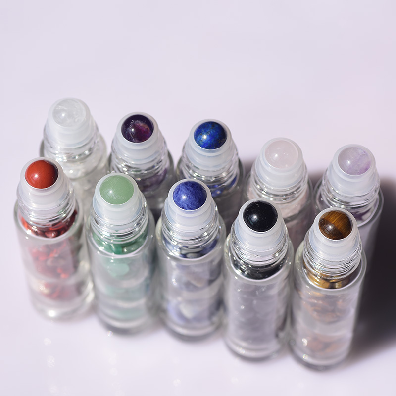 Clear Glass Massage Ball Essential Oils Gemstone Crystals Roller Bottle Perfume Bottle With Natural Crushed Stones