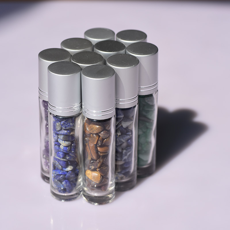 Clear Glass Massage Ball Essential Oils Gemstone Crystals Roller Bottle Perfume Bottle With Natural Crushed Stones