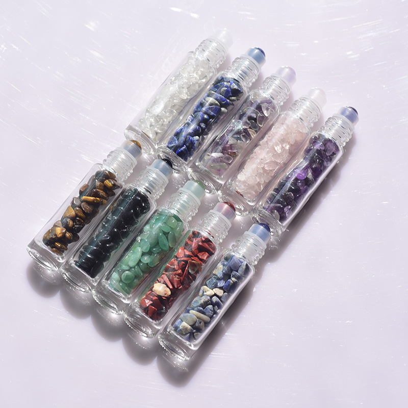 Clear Glass Massage Ball Essential Oils Gemstone Crystals Roller Bottle Perfume Bottle With Natural Crushed Stones