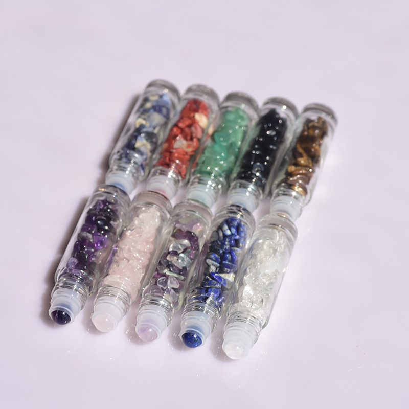 Clear Glass Massage Ball Essential Oils Gemstone Crystals Roller Bottle Perfume Bottle With Natural Crushed Stones
