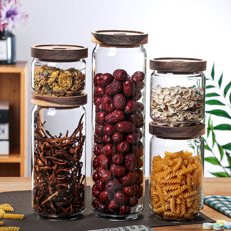 Clear Home Kitchen Storage Food Grade Airtight Jars Coffee Container High Quality Mason Acacia Glass Jar
