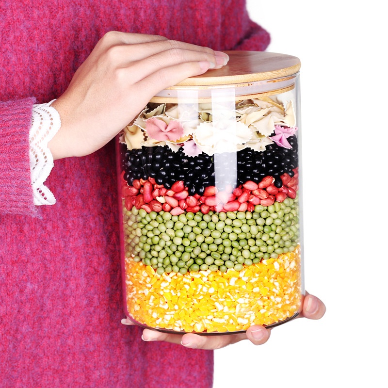 Clear Kitchen Borosilicate Cylinder Bamboo Lid Grade Coffee Cookie Candy Airtight Large Food Storage Glass Jar