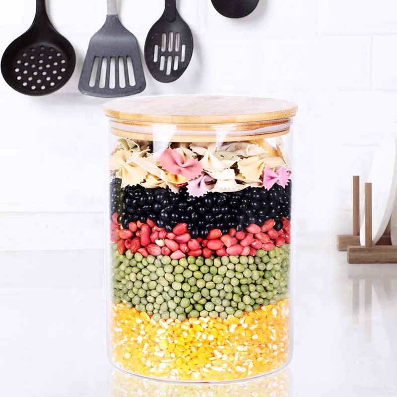 Clear Kitchen Borosilicate Cylinder Bamboo Lid Grade Coffee Cookie Candy Airtight Large Food Storage Glass Jar