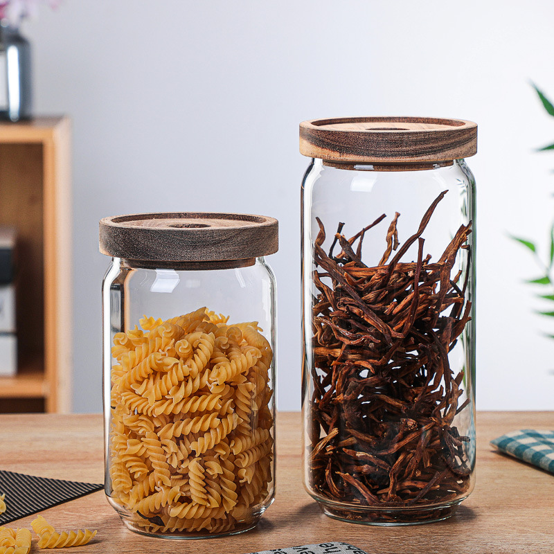 Clear Kitchen Jars Storage Food Grade Airtight Coffee Container Bottle Candy Crystal Empty Acacia Glass Jar