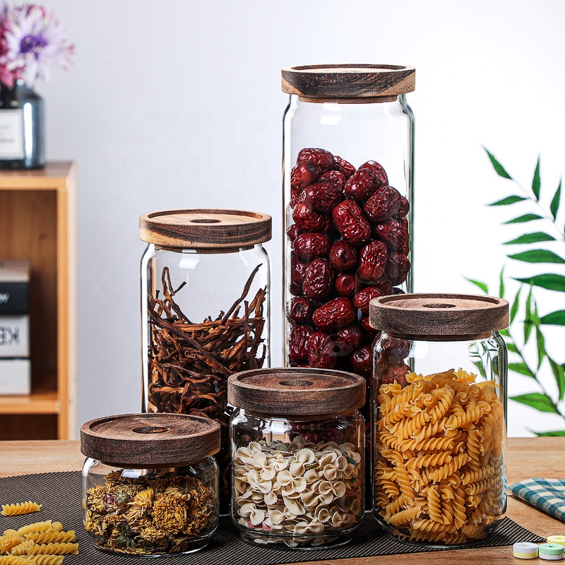 Clear Kitchen Jars Storage Food Grade Airtight Coffee Container Bottle Candy Crystal Empty Acacia Glass Jar