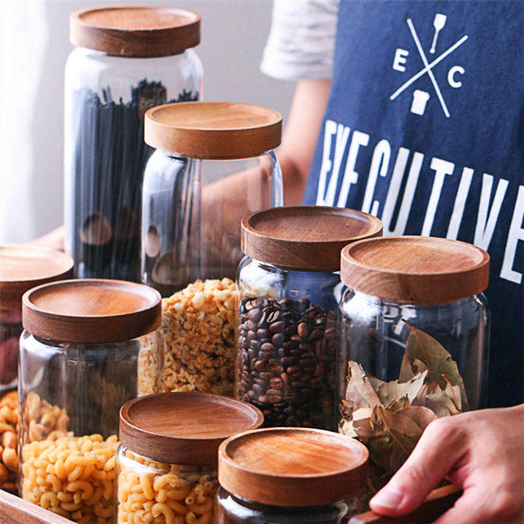 Clear Kitchen Storage Food Grade Airtight Jars With Acacia Wood Lid